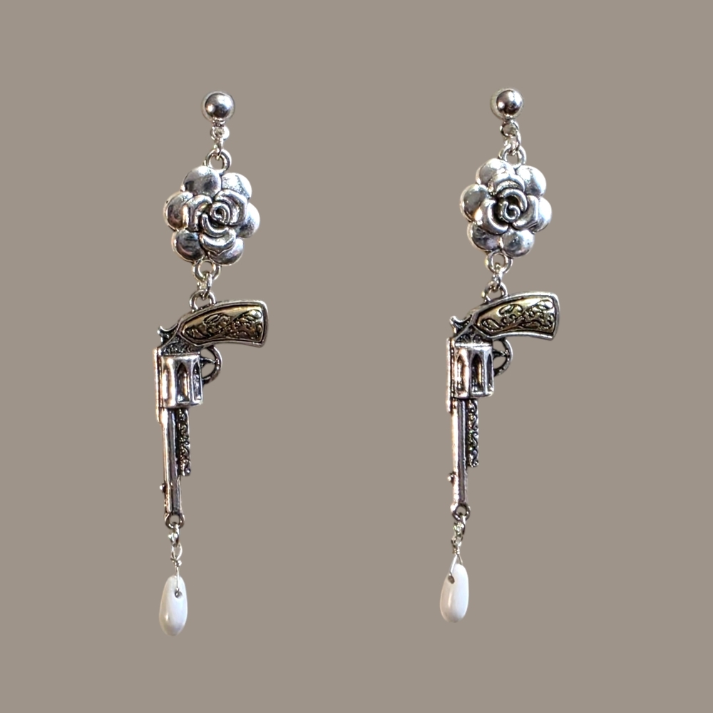 Handmade Silver Floral Gun Drop Earrings - Picture 3 of 3